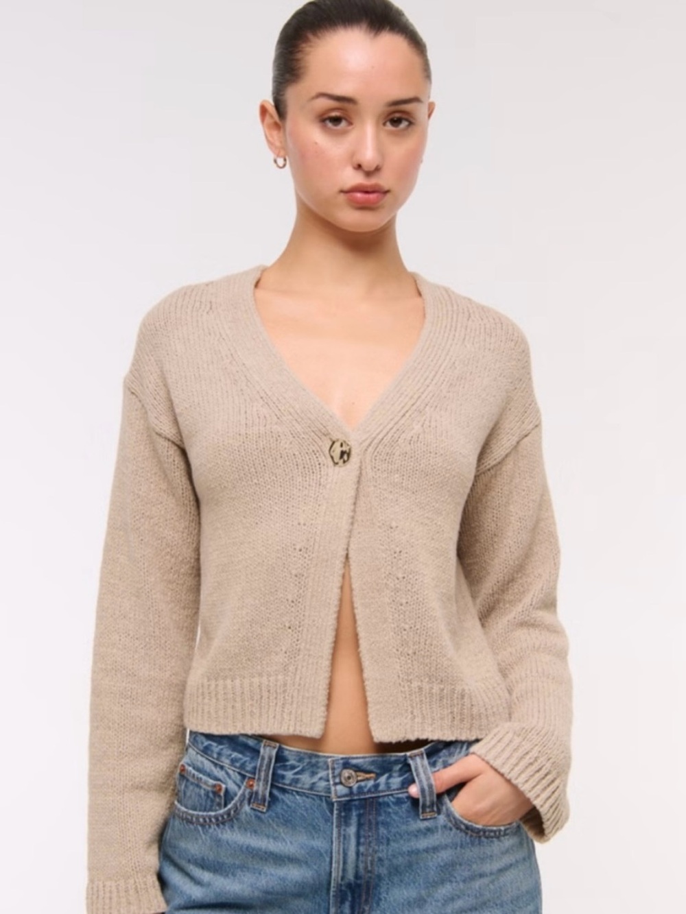 Abercrombie & Fitch V-Neck Button Cardigan Sweater - Beige/Taupe